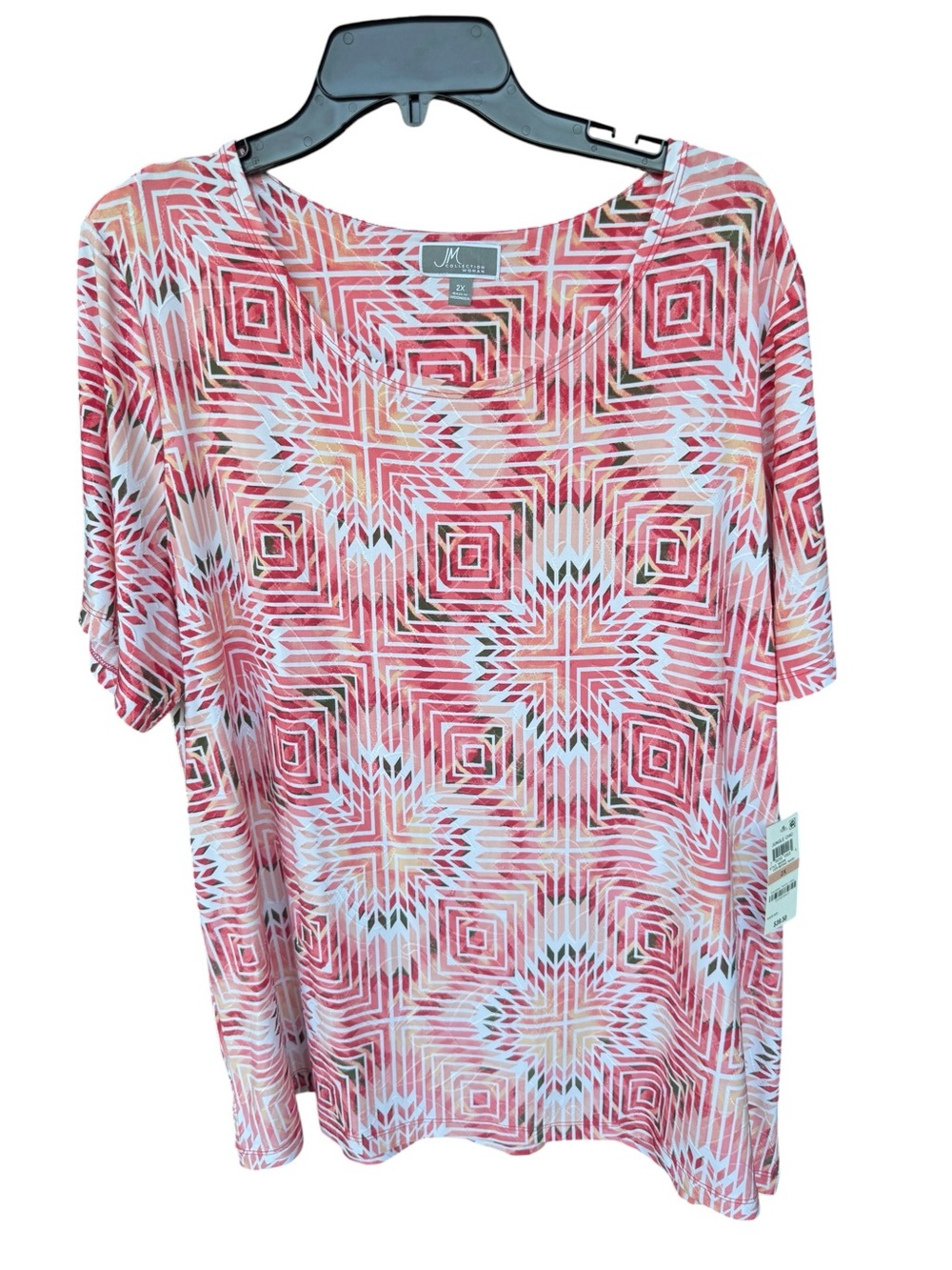 JM Collection Coral Pink Geometric Short Sleeve Scoop Neck Top NWT 2X